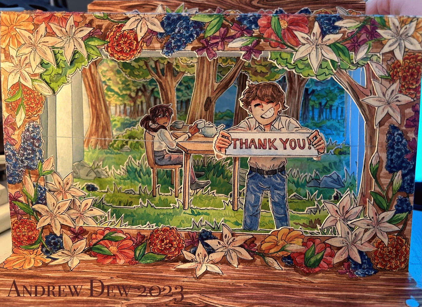 Pop-up thank you card [Front], Painted in watercolor; inked with dip pen; constructed with superglue, AP Art Portfolio Selected Work - 2023